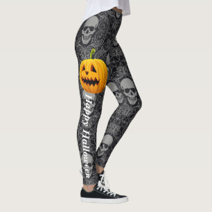 Halloween Skull Stripe Orange Black Pumpkin Leggings