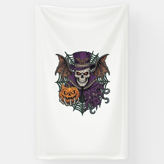 Halloween Skull Top Hat Bat Wings Pumpkin Spider W Banner (Vertical)