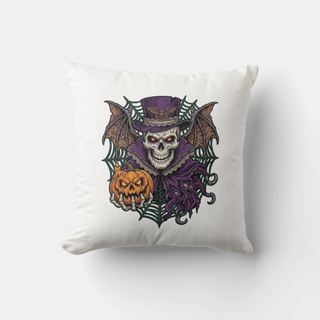 Halloween Skull Top Hat Bat Wings Pumpkin Spider W Cushion (Front)