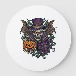 Halloween Skull Top Hat Bat Wings Pumpkin Spider W Large Clock