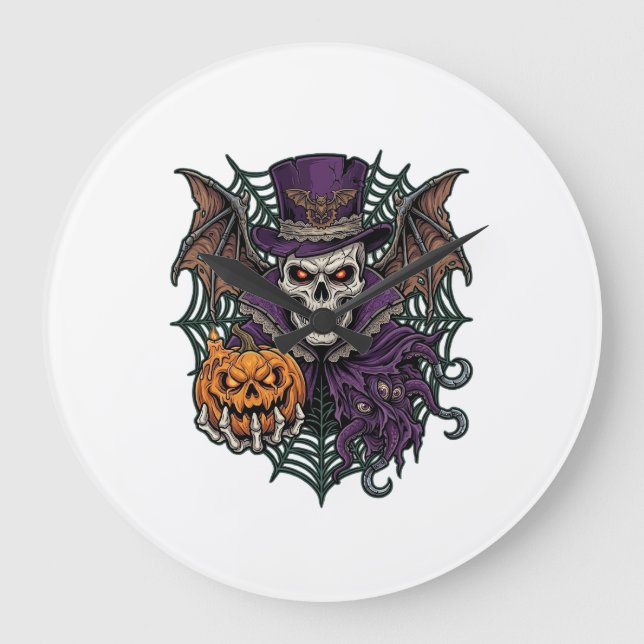 Halloween Skull Top Hat Bat Wings Pumpkin Spider W Large Clock (Front)