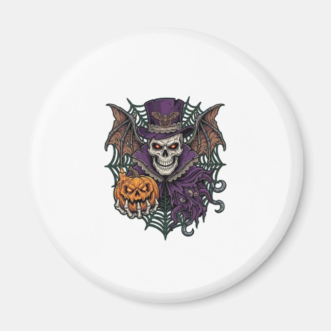 Halloween Skull Top Hat Bat Wings Pumpkin Spider W Magnet (Front)