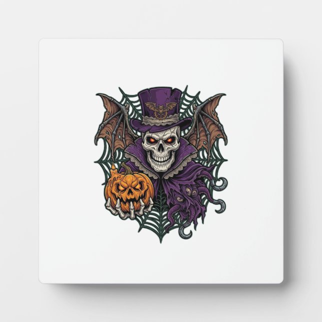 Halloween Skull Top Hat Bat Wings Pumpkin Spider W Plaque (Front)