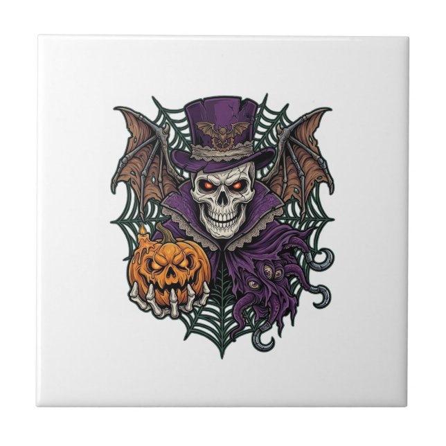 Halloween Skull Top Hat Bat Wings Pumpkin Spider W Tile (Front)