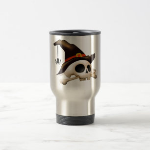 Halloween Skull with Bone and Witch Hat Travel Mug