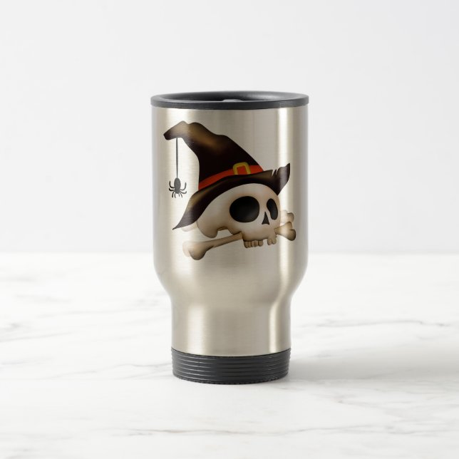 Halloween Skull with Bone and Witch Hat Travel Mug (Center)