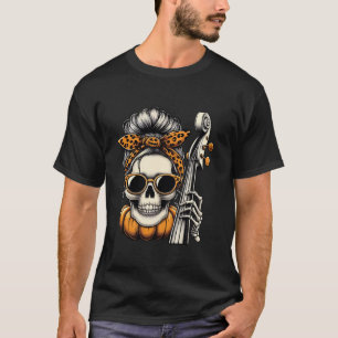 Halloween Skull with Messy Hair bun Pumpkin Guitar T-Shirt