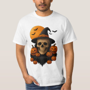 Halloween Skull With Pumpkins and Witch Hat T-Shir T-Shirt