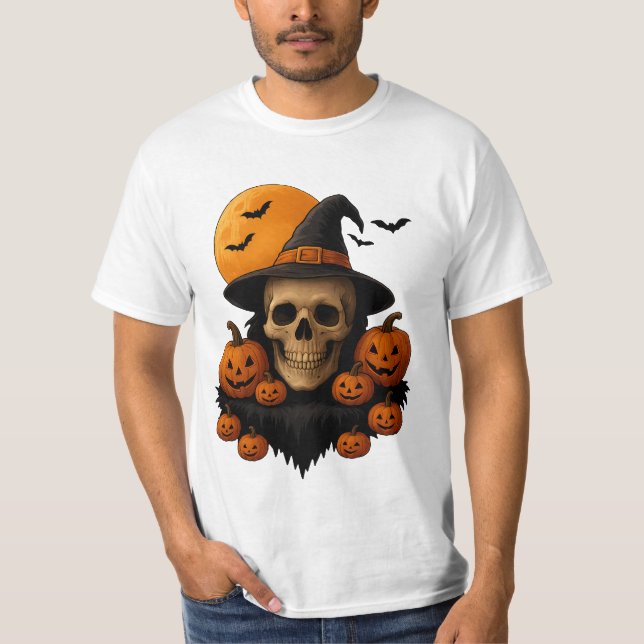 Halloween Skull With Pumpkins and Witch Hat T-Shir T-Shirt (Front)