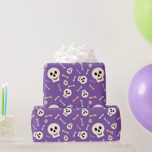 Halloween Skulls and Bones Purple Wrapping Paper  (Party Gifts)