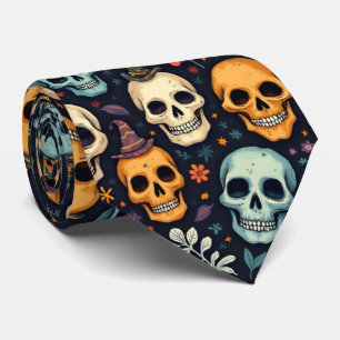 Halloween Skulls and Flowers Tie