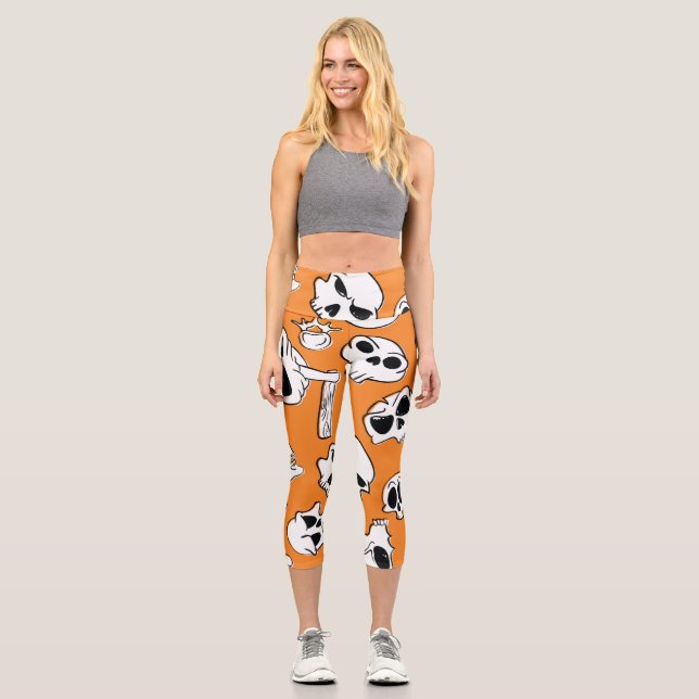 Halloween Skulls Bones Doodle Pattern Capri Leggings (Front)