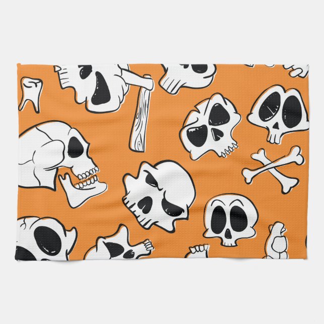 Halloween Skulls Bones Doodle Pattern Tea Towel (Horizontal)