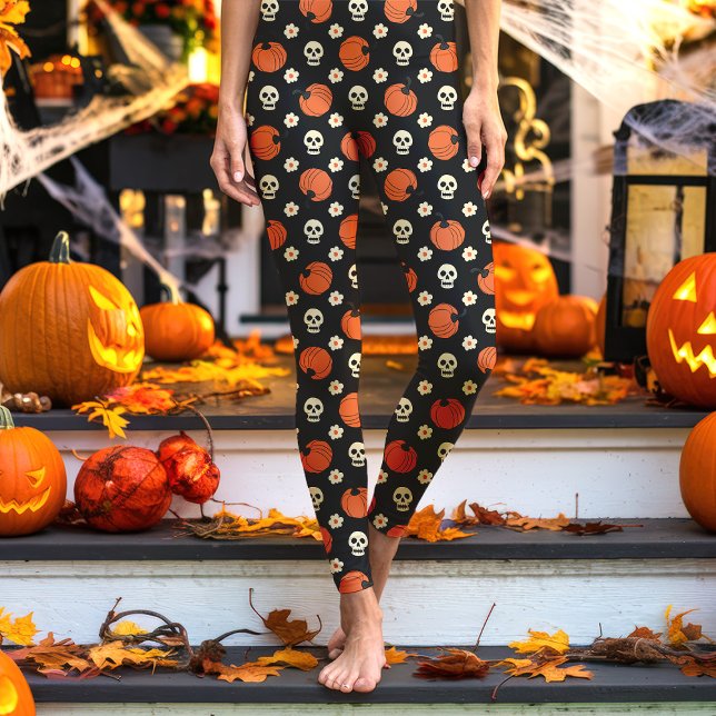 Halloween Skulls, Pumpkins, and Flowers Black Leggings (Creator Uploaded)