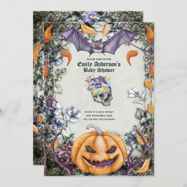 Halloween Skulls Trendy Party Invites Watercolor (Front/Back)