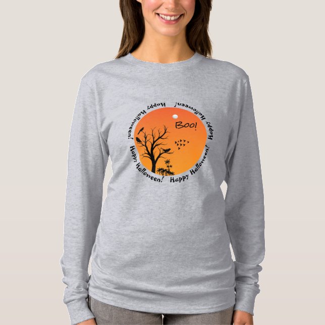 Halloween Sky, Black Birds in Tree Silhouette T-Shirt (Front)