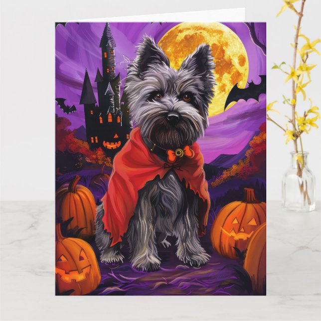 Halloween Skye Terrier Vampire Pumpkins Scary Card (Yellow Flower)