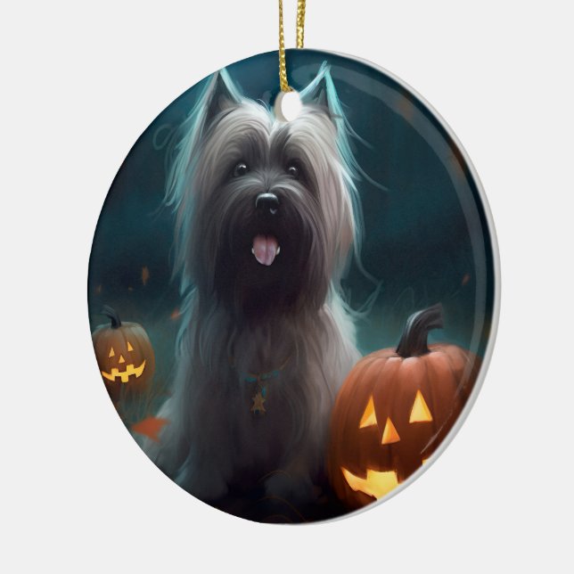 Halloween Skye Terrier With Pumpkins Scary  Ceramic Tree Decoration (Left)