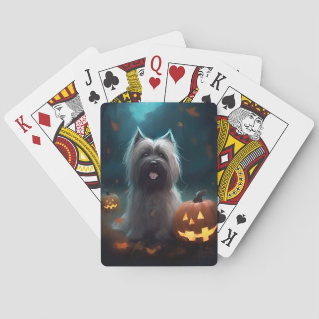 Halloween Skye Terrier With Pumpkins Scary  Playing Cards (Back)