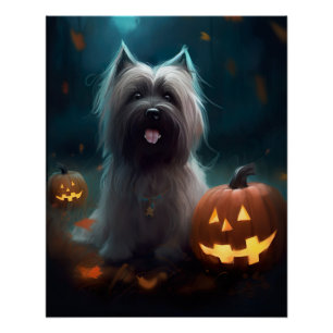 Halloween Skye Terrier With Pumpkins Scary Poster