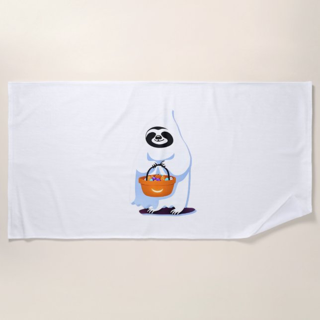 Halloween sloth dressed as ghost going trick or tr beach towel (Front)