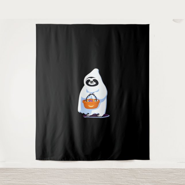 Halloween sloth dressed as ghost going trick or tr tapestry (Front)