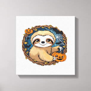 Halloween sloth, pumpkin, bat, spider, spider web canvas print