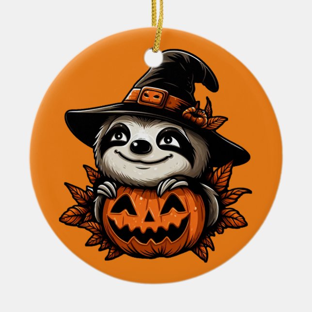 Halloween Sloth Pumpkin Festivity Ceramic Tree Decoration (Front)