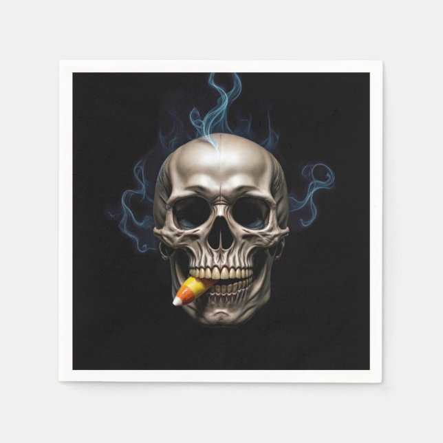 Halloween Smoking Skull Biting Candy Corn Napkin (Front)