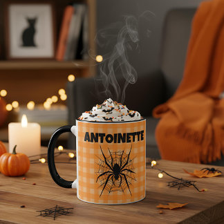 Halloween Spider in Cobweb Orange Gingham Plaid Mug
