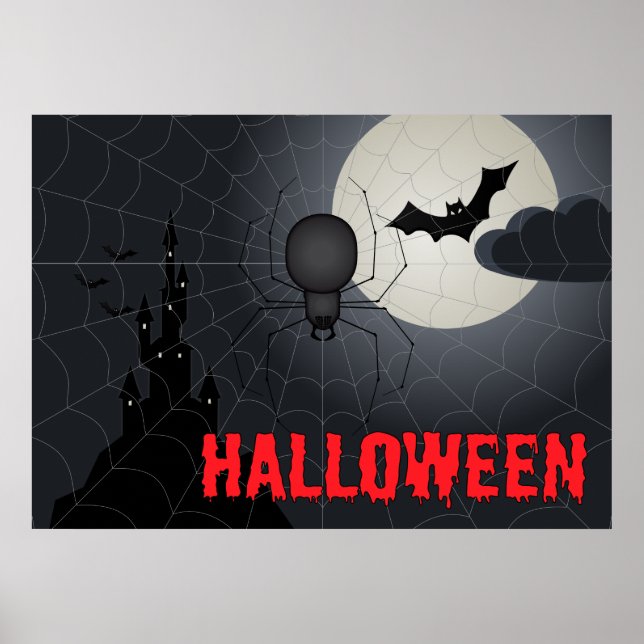 Halloween Spider in Spiderweb Night Scene Poster (Front)