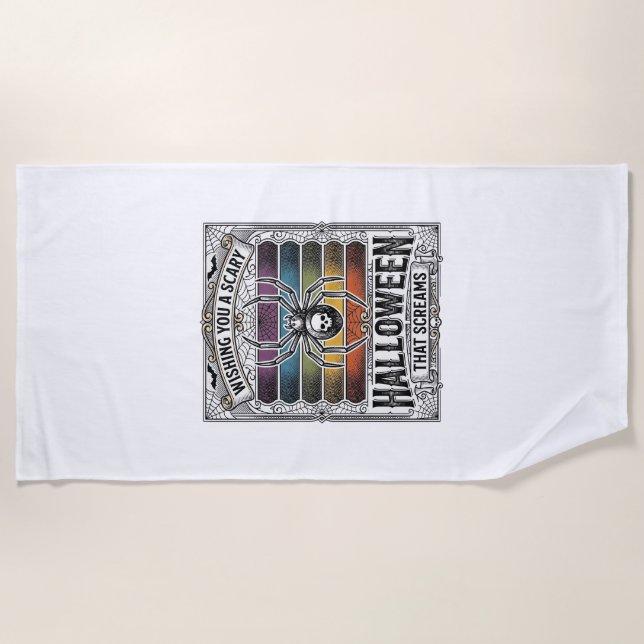 Halloween Spider Scary Retro Engraving Rainbow Web Beach Towel (Front)