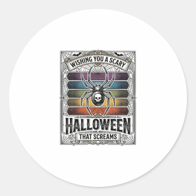 Halloween Spider Scary Retro Engraving Rainbow Web Classic Round Sticker (Front)