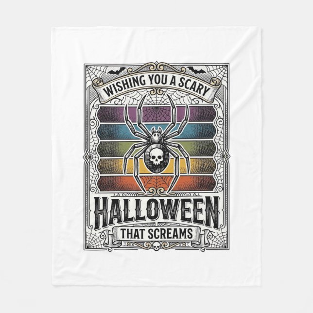 Halloween Spider Scary Retro Engraving Rainbow Web Fleece Blanket (Front)