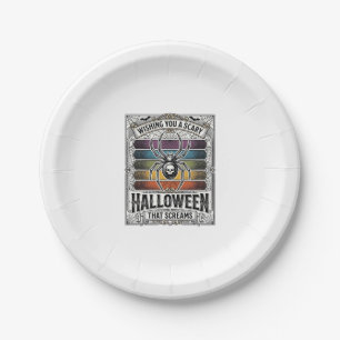 Halloween Spider Scary Retro Engraving Rainbow Web Paper Plate