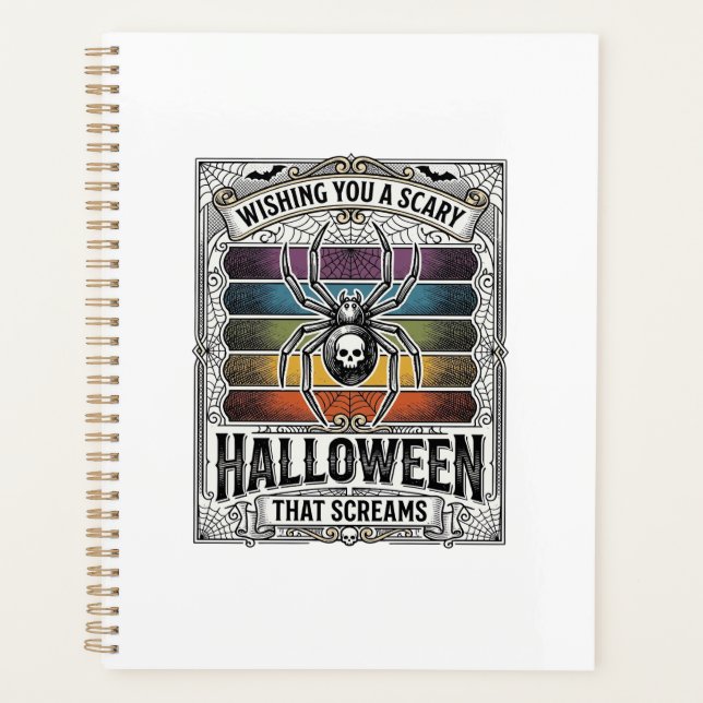 Halloween Spider Scary Retro Engraving Rainbow Web Planner (Front)
