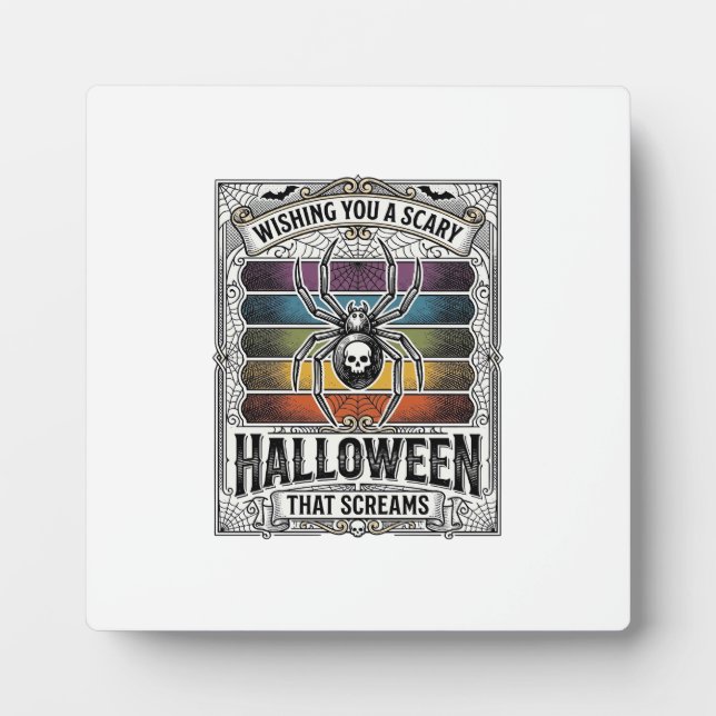 Halloween Spider Scary Retro Engraving Rainbow Web Plaque (Front)