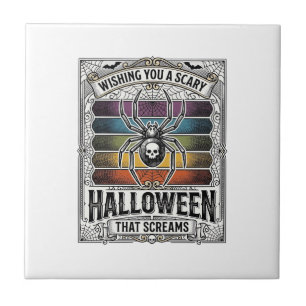 Halloween Spider Scary Retro Engraving Rainbow Web Tile