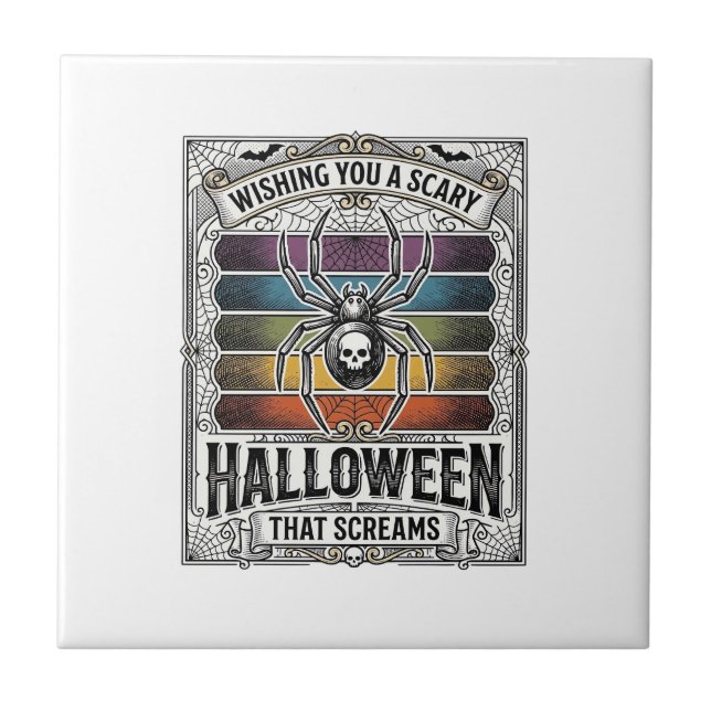 Halloween Spider Scary Retro Engraving Rainbow Web Tile (Front)