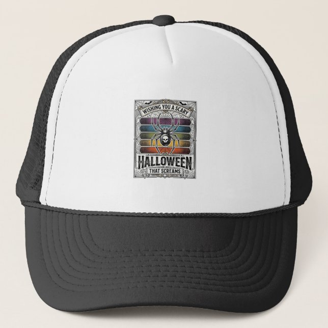 Halloween Spider Scary Retro Engraving Rainbow Web Trucker Hat (Front)