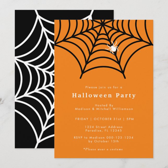 Halloween Spider Web Spooky Modern Orange Party Invitation (Front/Back)