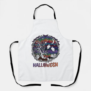 Halloween Spider Web Tree Ghosts Pumpkins Tombston Apron