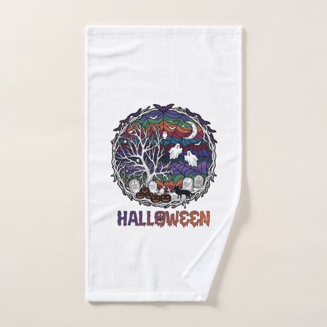 Halloween Spider Web Tree Ghosts Pumpkins Tombston Hand Towel (Hand Towel)