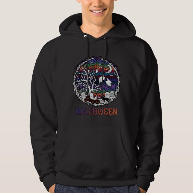 Halloween Spider Web Tree Ghosts Pumpkins Tombston Hoodie (Front)