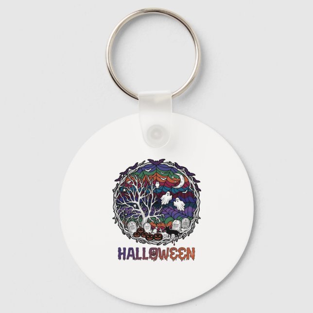 Halloween Spider Web Tree Ghosts Pumpkins Tombston Key Ring (Front)