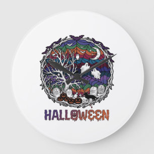 Halloween Spider Web Tree Ghosts Pumpkins Tombston Large Clock