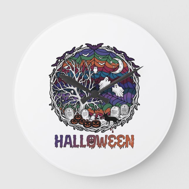 Halloween Spider Web Tree Ghosts Pumpkins Tombston Large Clock (Front)