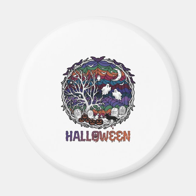 Halloween Spider Web Tree Ghosts Pumpkins Tombston Magnet (Front)