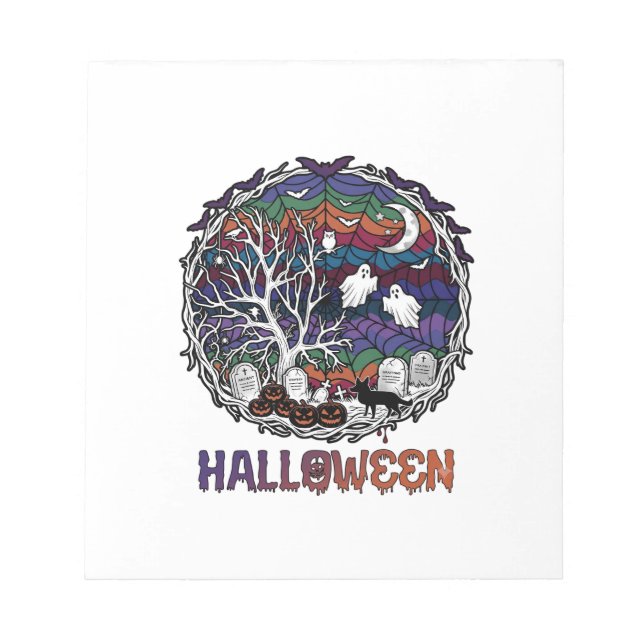 Halloween Spider Web Tree Ghosts Pumpkins Tombston Notepad (Front)