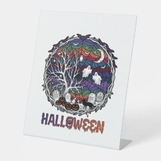 Halloween Spider Web Tree Ghosts Pumpkins Tombston Pedestal Sign